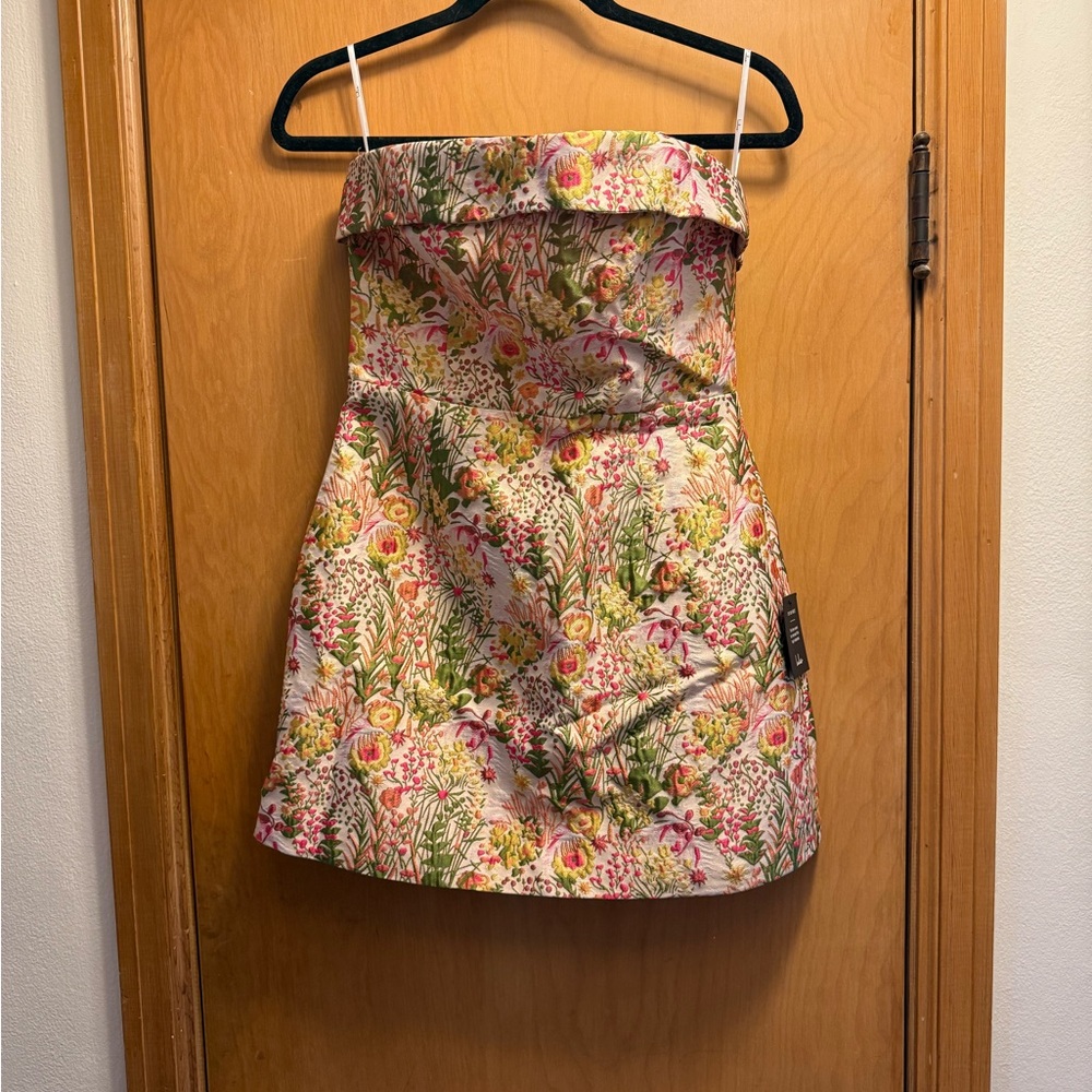 Lulus Mariya Cream Multi Floral Jacquard Strapless Mini Dress - Picture 3 of 5